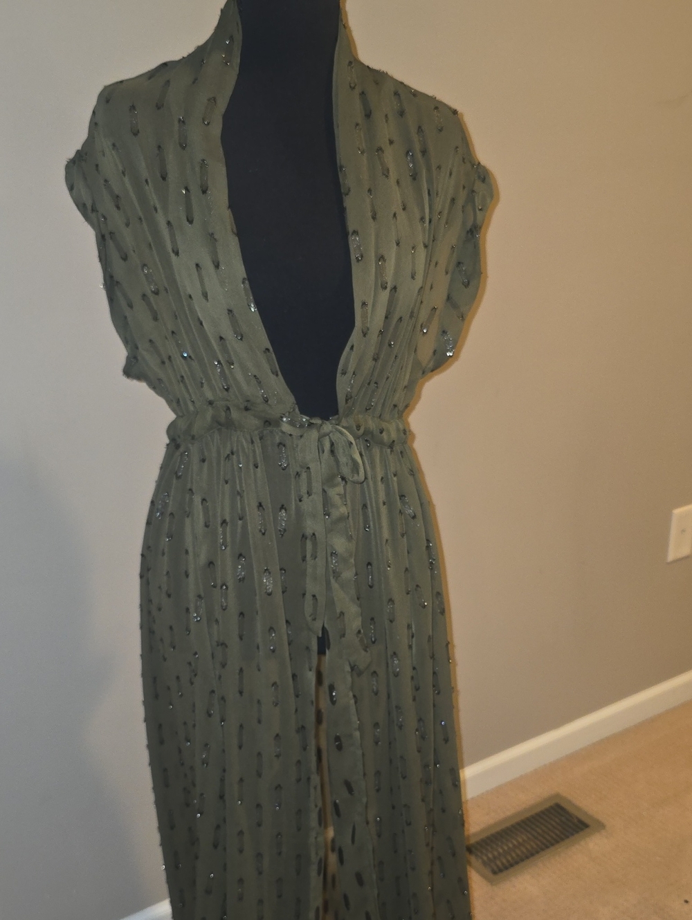 Embellished Olive Green Maxi Dress with Tie Waist